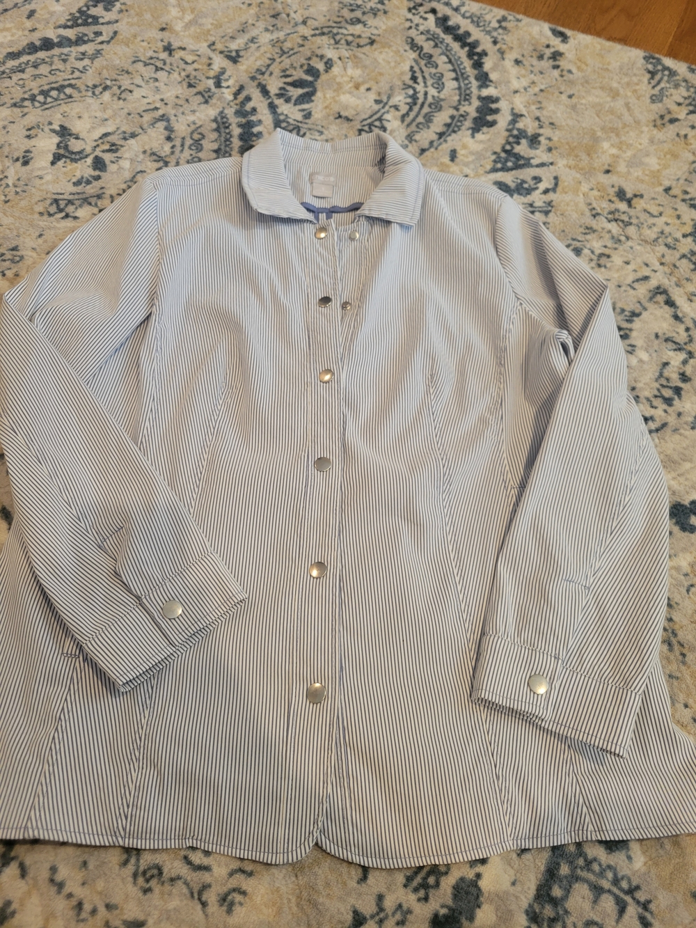 Chico's Blue And White Seersucker Striped Blazer Jacket Sz3